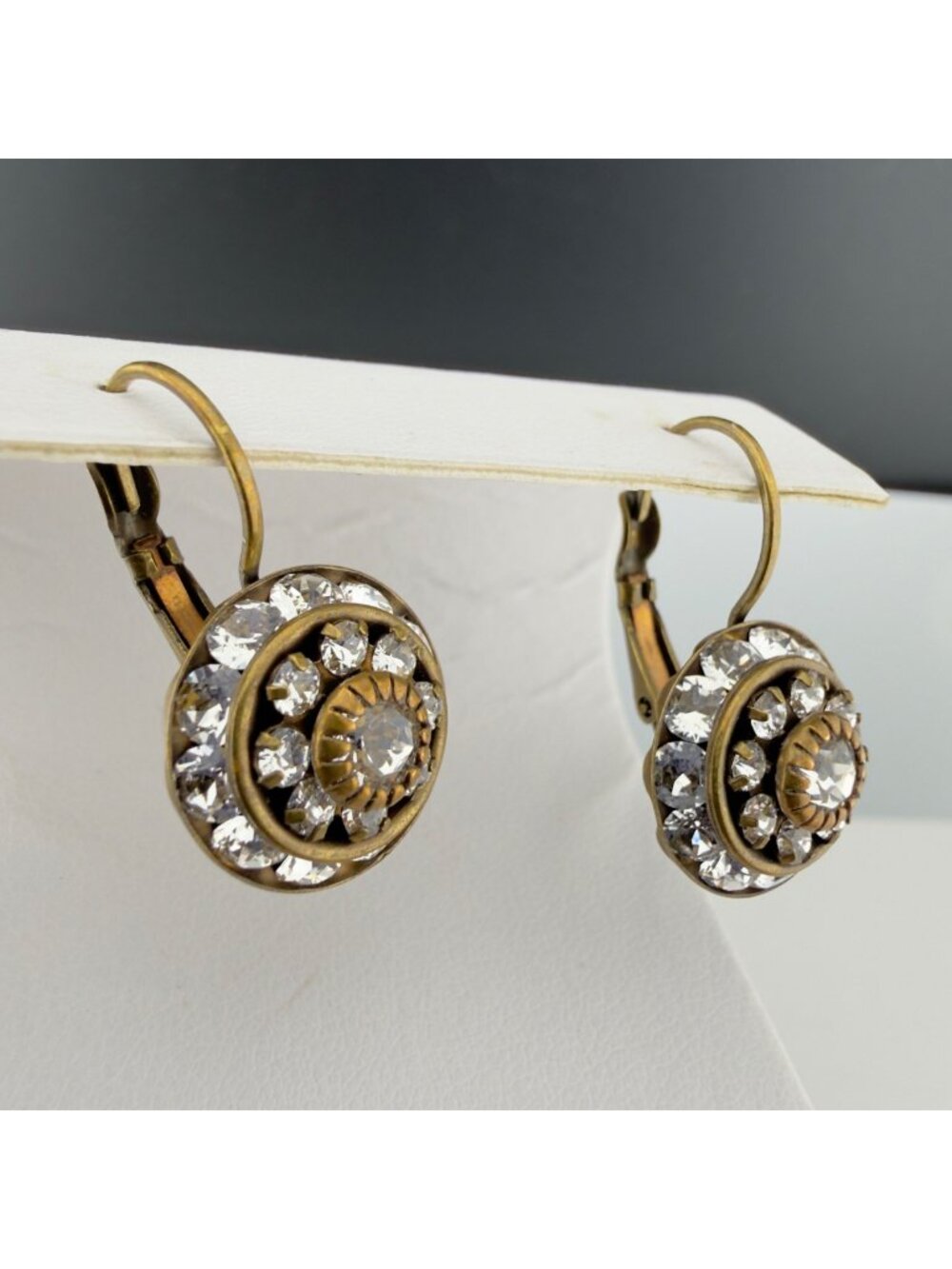 Vintage  Liz Palacios Swarovski Crystals Clear Brass Lever Back Earrings
